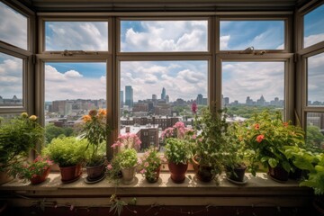 a window garden with a view of the city skyline, surrounded by greenery and flowers, created with generative ai