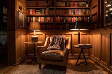 a cozy reading nook, with a plush armchair and a stack of books, surrounded by wood-paneled walls, created with generative ai