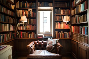 wood-paneled wall with built-in bookshelves and antique hardback books, created with generative ai