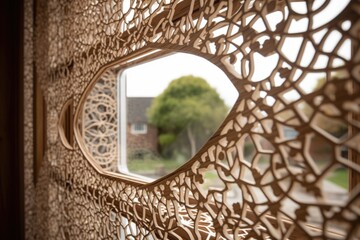 detail of intricate window frame, with the view visible through the glass, created with generative ai