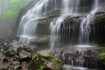 close-up of cascading spring waterfalls, with droplets of water and mist visible, created with generative ai