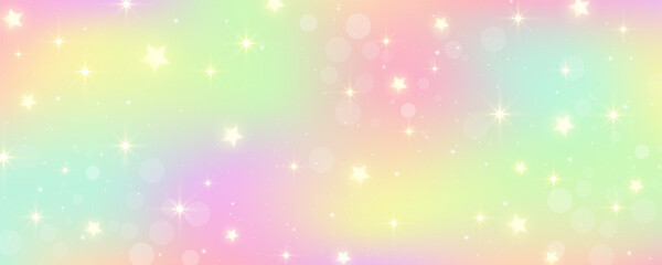 Rainbow unicorn background. Pastel pink color sky with stars. Holographic fantasy print with bokeh. Vector wallpaper for princess girl design. © Chorna_L
