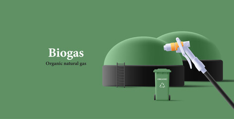 Biogas Energy Power Plant, Green Energy, Alternative Power 3d render composition with hose for transport refueling