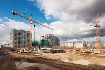 Fototapeta premium construction site with towering crane, working on high-rise building, created with generative ai