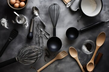 a selection of cooking utensils, including whisks, spoons and forks in a clean and minimal flatlay, created with generative ai