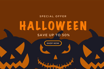 Happy Halloween with pumpkin. Halloween celebrates spooky discounts up to 50%. 3D minimal designs for cover art, banners, posters, web graphics, flyers, and postcards. Vector illustrations 