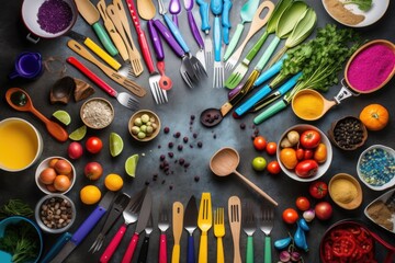 Fototapeta na wymiar variety of cooking utensils, including spoons, forks, and knives arranged in colorful flatlay, created with generative ai