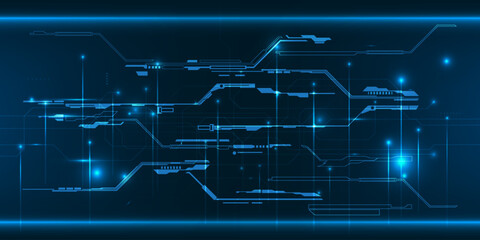 Vector illustrations of abstract blue digital hi tech background with glowing horizontal line and digital element circuit pattern.Digital technology concept.
