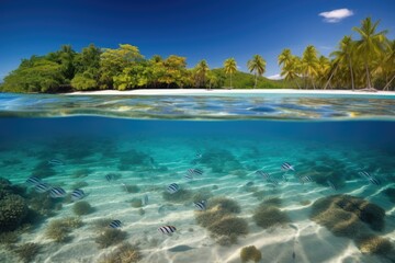 remote island beach with crystal-clear water and tropical fish, created with generative ai