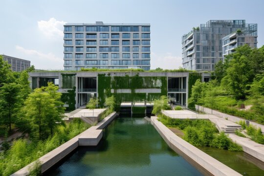 modern building, surrounded by greenery and water features, with view of the city, created with generative ai