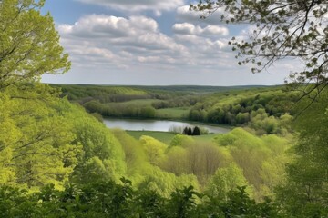 Fototapeta na wymiar rolling hills with distant view of a lake, surrounded by trees and greenery, created with generative ai