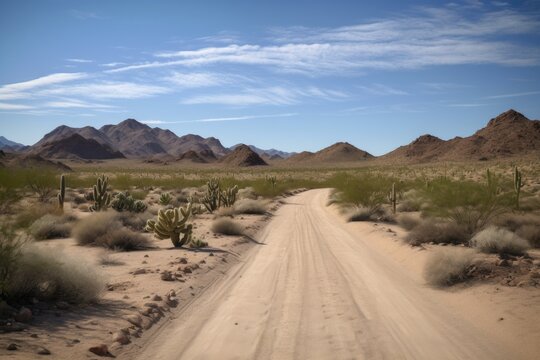 scenic road trip through the desert, with sand dunes and cacti in the background, created with generative ai