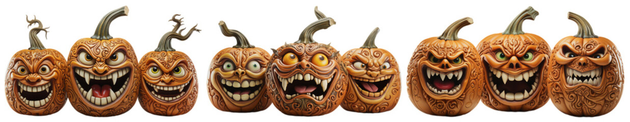 Spooky and creepy evil pumpkins, cartoon illustrations, Halloween theme, on a transparent background, Generative AI