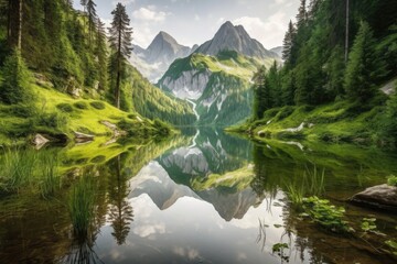 Naklejka na ściany i meble reflection of mountain peaks in serene lake, surrounded by lush greenery, created with generative ai