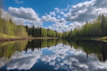 reflection of the sky and clouds on the still lake, surrounded by forest, created with generative ai