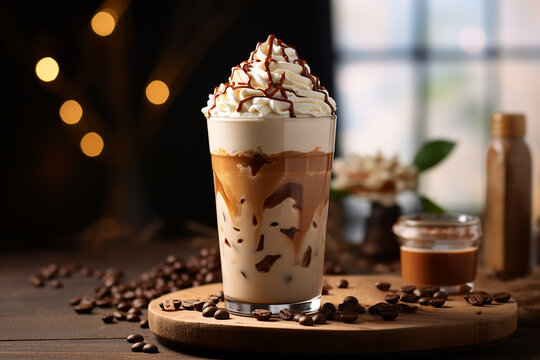 Iced Frappuccino with Cream Topping and Chocolate Sauce Served in Glass on Wooden Coaster
