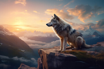 Photorealistic ai artwork of a wolf in the mountains at sunset. Generative ai.