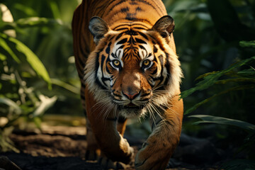 Obraz premium Photorealistic ai artwork of a tiger stalking or walking in the jungle or forest. Generative ai.