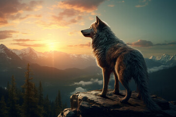 Photorealistic ai artwork of a wolf in the mountains at sunset. Generative ai.