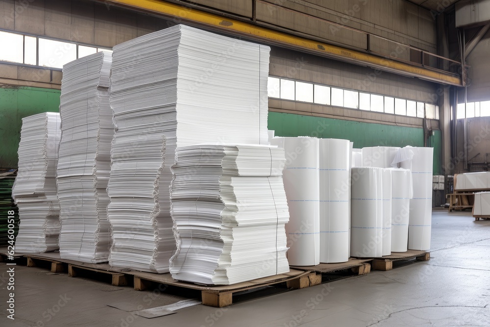 Canvas Prints paper company, with stack of freshly cut paper ready for shipment, created with generative ai