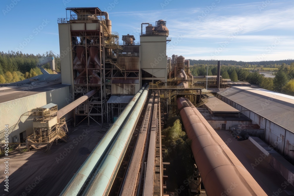 Poster pulp and paper mill, with towering machines and conveyor belts that move raw materials through the plant, created with generative ai