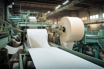 pulp and paper mill, with machinery in motion, producing high-quality products, created with generative ai
