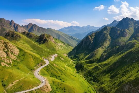 stunning mountain range, with a winding road and clear blue sky, surrounded by greenery, created with generative ai
