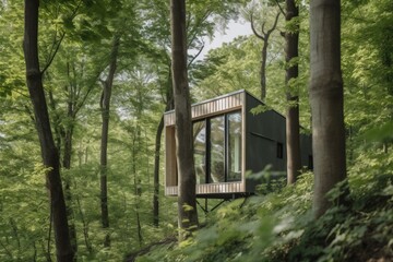 tiny home embedded in the trees, offering unique and stunning view, created with generative ai
