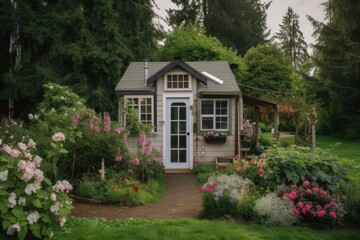 tiny house nestled among blooming flowers and greenery, created with generative ai