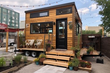 Fototapeta na wymiar tiny house in the middle of a vibrant, bustling city, created with generative ai