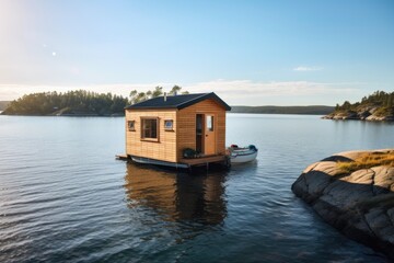 Fototapeta na wymiar a tiny house on a boat, with water and natural surroundings in the background, created with generative ai