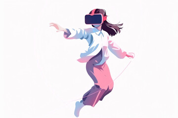 Woman levitating in the air while wearing a virtual reality headset