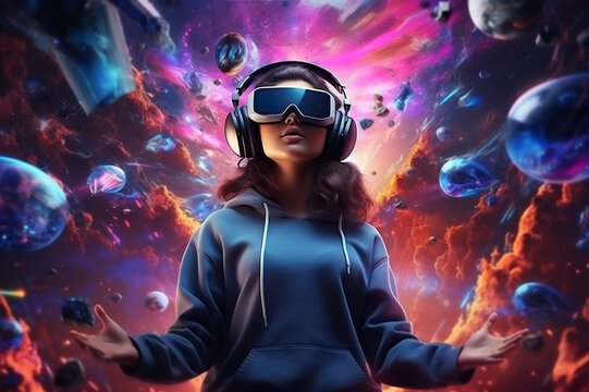 Girl with VR headset, Virtual reality experience and cyperspace