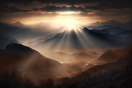 foggy mountain range, with sunrise rays spreading across the sky, created with generative ai