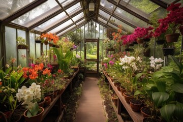 Fototapeta na wymiar greenhouse filled with orchids and bromeliads, created with generative ai