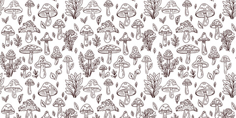 Seamless pattern with cartoon mushrooms, lines or doodles, vector illustration