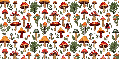 Seamless pattern with cartoon mushrooms, vector illustration