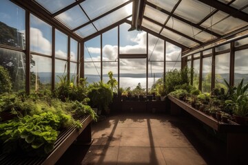 greenhouse with view of the ocean, surrounded by beautiful and tranquil scenery, created with generative ai