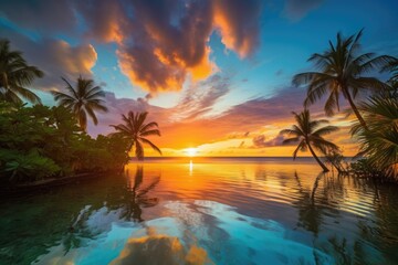 Fototapeta na wymiar colorful sunset over a lush tropical paradise, surrounded by palm trees and clear blue waters, created with generative ai