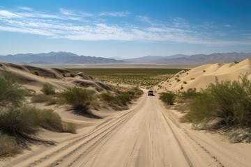 road trip to the desert, with sand dunes and rolling hills in view, created with generative ai