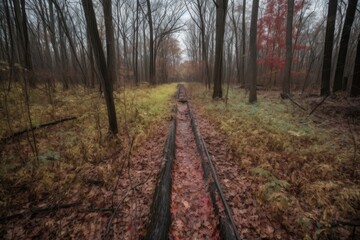 Fototapeta premium threestraight lines of different colors showing the way through dense forest, created with generative ai