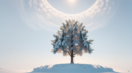 Solitary snowy tree stands tall and proud, its branches gracefully adorned with a delicate layer of glistening snow, basking in the ethereal glow of the light that shines upon it.