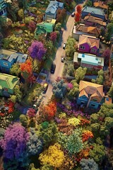 aerial view of a colorful neighborhood with lush gardens, created with generative ai