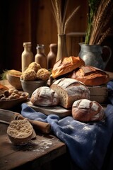 freshly baked bread on a rustic wooden table, created with generative ai