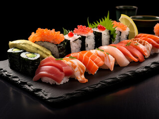 Exquisite East: Side View of a Diverse Sushi Platter on Black Stone