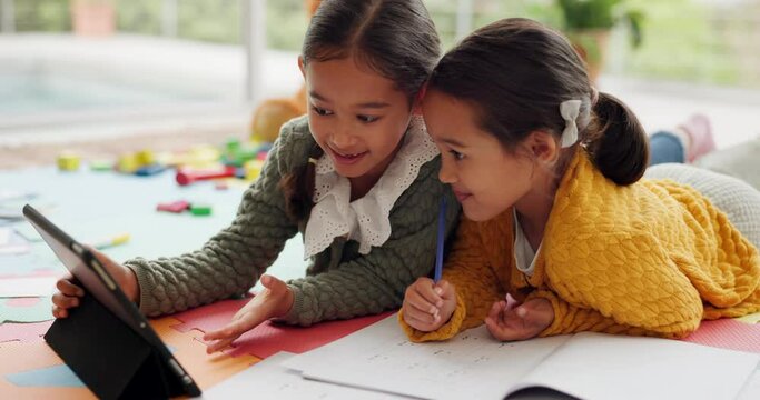 Tablet, online learning and children streaming a class on internet doing homework together or homeschooling for learning. Education, digital and kids in a watch elearning software on a website