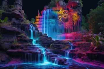 neon rainbow-colored cascading waterfall at night, created with generative ai