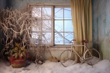 Fototapeta na wymiar bicycle hidden in snowdrift near frosted window, created with generative ai