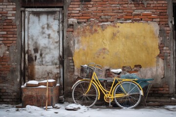 Fototapeta na wymiar snow-covered bicycle leaning against aged brick wall, created with generative ai