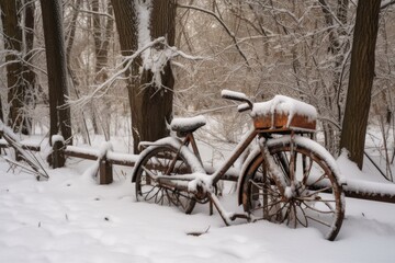 Fototapeta na wymiar abandoned bike buried in snow near park bench, created with generative ai